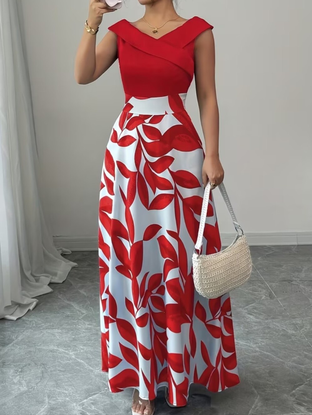 Sleeveless V-Neck -Line Maxi Dress with Floral Print